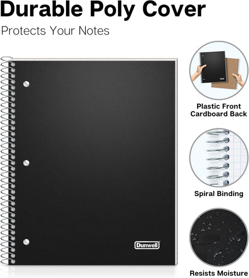 Dunwell College Ruled Spiral Notebook, 1 Subject, 8.5 x 11, Protective Plastic Cover, 80 Sheets, Perforated Pages