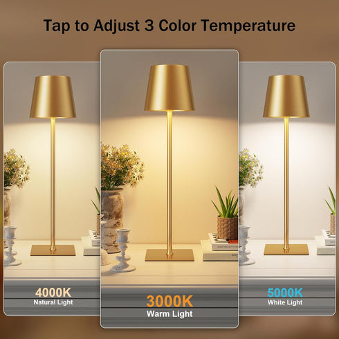 2 Pack 5000mAh Dimming, Gold Cordless Rechargeable Table Lamp, Portable Desk Lamp with Battery, Touch Control Stepless