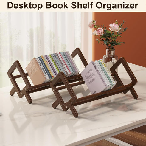 Bamboo Premium Desktop Bookshelf, Retro Brown Large Tabletop Book Rack Organizer, Stable Storage Rack for Books,