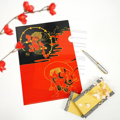 Plastic File Folder, Japanese Wind God and Thunder God Design, Clear Pockets, A4 Size (6 Packs, Bulk)