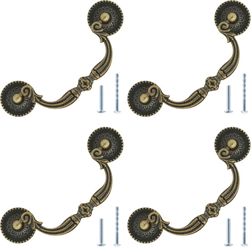 Vintage Drop Bail Drawer Pull Handles, 4Pcs 3.75 Inch Hole Center, Antique Bronze Cabinet Pulls with Screws for