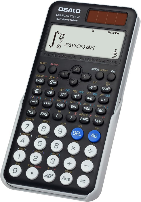 OSALO Scientific Calculator, 417 Function, 2 Line 10+2 Digits Written Display, Solar and Battery for School