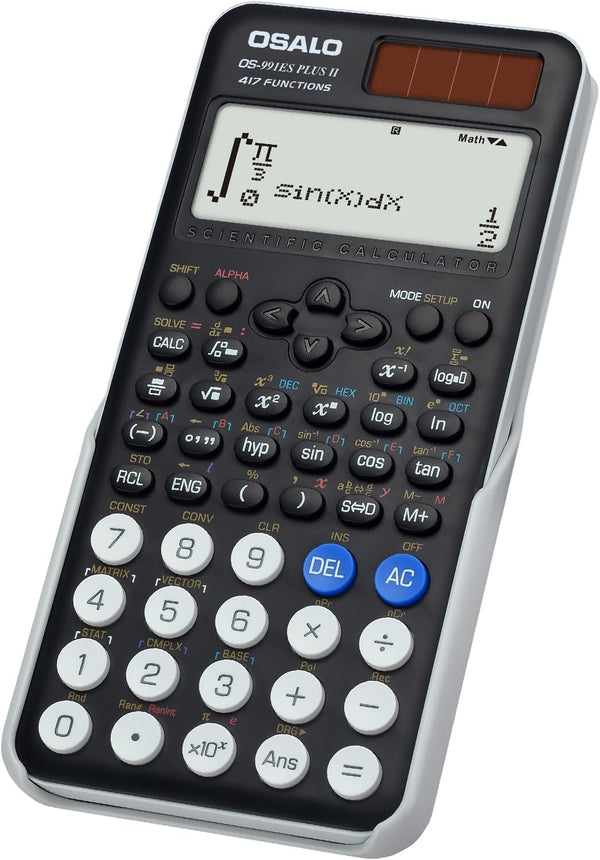 OSALO Scientific Calculator, 417 Function, 2 Line 10+2 Digits Written Display, Solar and Battery for School