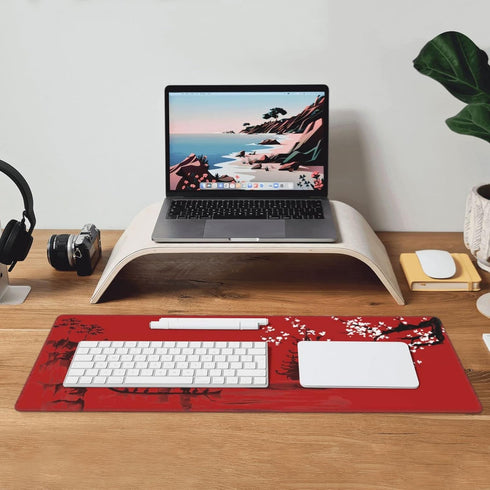 Large Red Mouse Pad XL, Japan Cherry Blossom Extended Anime Gaming Pad, Non-Slip Rubber Base, 31.5'' X 12''
