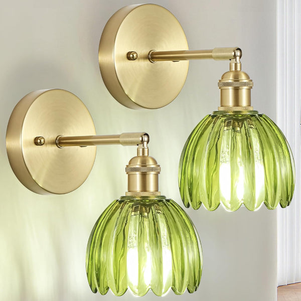 Hardwired Wall Sconces Set of Two, Vintage Wall Lights with Green Tulip
