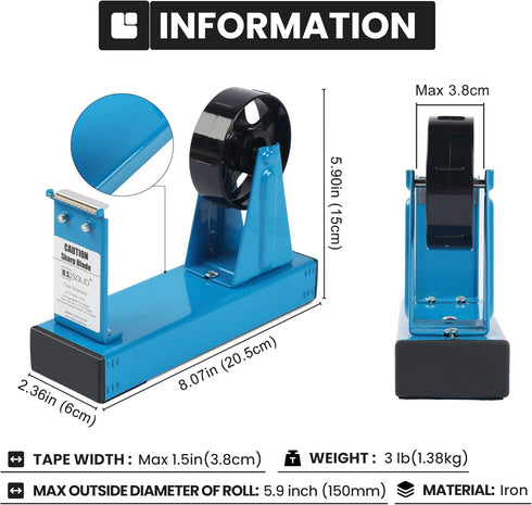 U.S. Solid Desktop Multi-Roll Tape Dispenser, 1.5 Inch Wide, 1 or 3 Inch Core, Iron, Blue