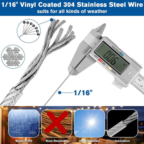 220FT 1/16" 304 Wire Rope Kit - String Light Hanging Kit Vinyl Coated Stainless Steel Cable with Turnbuckles for String