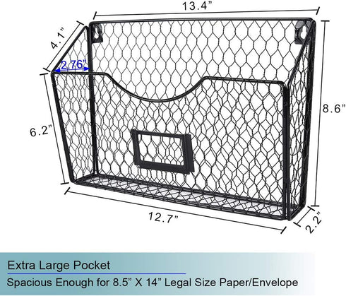 6 PAG Pockets Hanging File Holder Wall Mount Mail Organizer Metal Chicken Wire Magazine Rack with Tag Slot, Black
