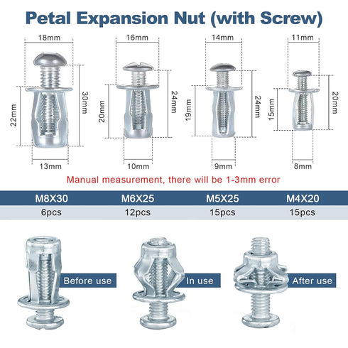 OCR 48PCS Nuts,M4,M5,M6,M8 Billboard, Jack Nuts Petal Expansion Screw Petal Nut,Thins Fixings Dowels with Screws