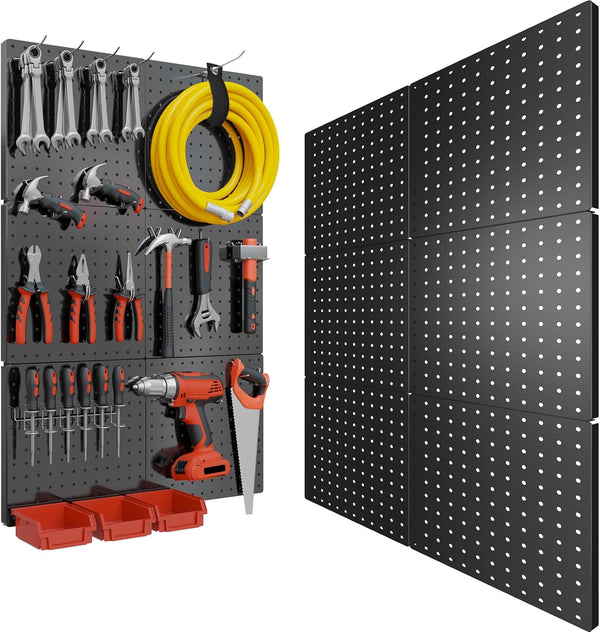 Peg Board, 6PCS Heavy Duty Metal Pegboard Wall Organizer with Frame, Black Pegboard for Garage, Craft Room Organization