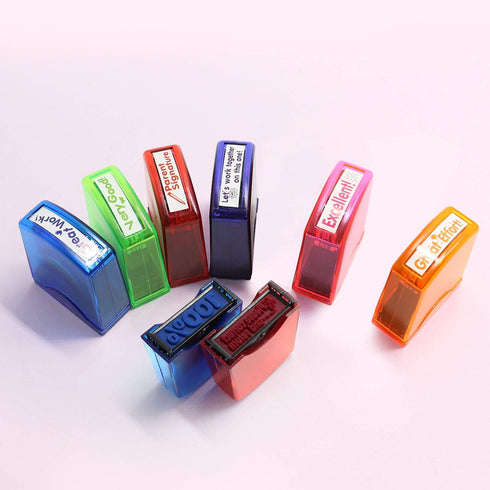 Reliancer Colorful Self-Inking Motivation School Grading Teacher Stamp Set with Tray (8-Piece)