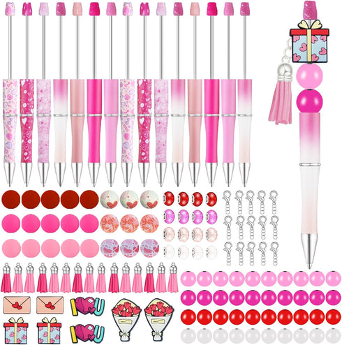 HEYUNG 15 Sets Valentine's Day Beadable Pens - Heart Silicone Beads Pens with 133PCS Pink Spacer Beads