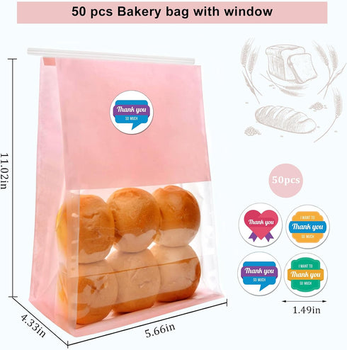 SixWeKit 50 Pack 11" 8.66" 4.33" Bakery Bags with Window, x x Reusable Large Kraft Paper Bread Bag with Tin Tie, Bread