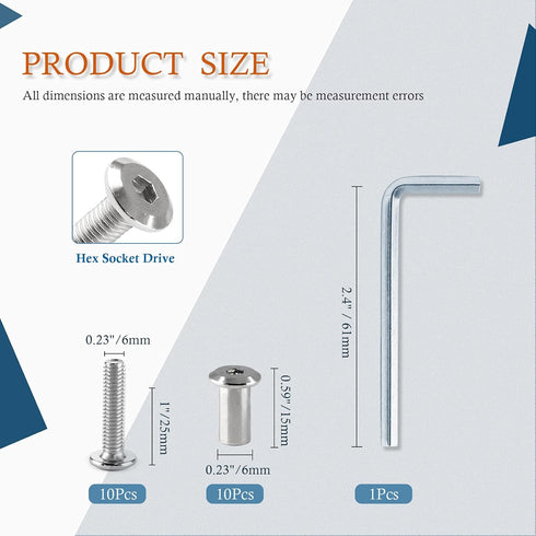 10 Pair (20 Piece) M6x25mm Hex Drive Socket Cap Bolt with Allen Wrench, Silver Furniture Connector Bolts for Crib