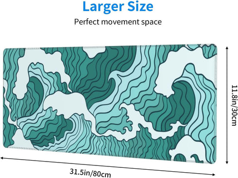 XL Japanese Green and White Wave Gaming Mouse Pad, Non-Slip Rubber Base, Stitched Edges, 31.5 x 11.8 Inch
