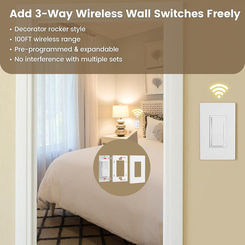 3 15 100ft SURAIELEC Way Wireless Light Switch, Remote Control Outlet, Decorator Rocker Wall Switch, AMP, RF Range, No