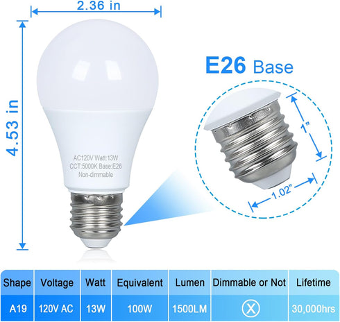 8 Pack LED Light Bulbs 100 watt Equivalent, Efficient 13W, Daylight White 5000K, E26 Medium Base, A19 Standard Light Bulbs, 120V, Non-Dimmable by Marxlait