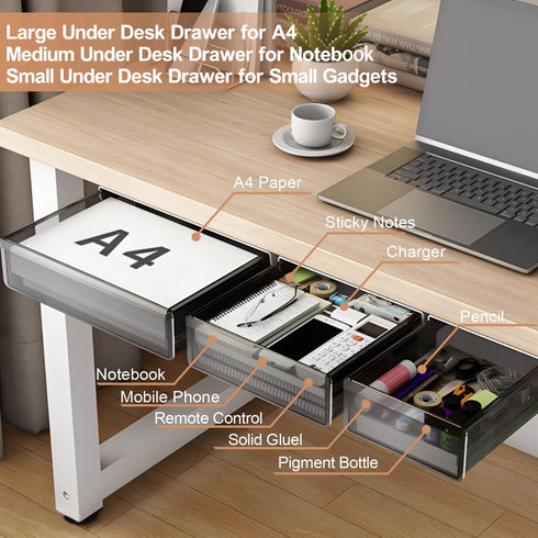 Under Desk Table Drawer Storage Organizer, 3 Pack Slide Out Drawers for Hidden Desktop Storage
