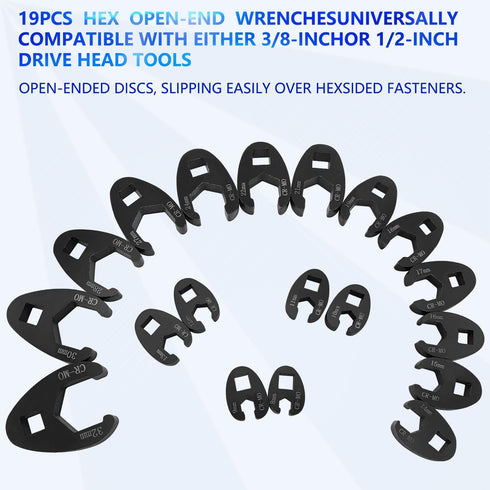 ZKTOOL 3/8” and 1/2” Drive Jumbo Crowfoot Flare Nut Wrench Set, 19PC Metric Tool, 8 to 32 mm Sizes