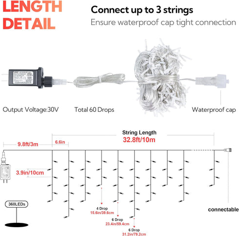 33FT 360L 8 60 Hopolon LED Icicle String Lights - Outdoor, Waterproof, Modes, With Drops - Curtain Lights