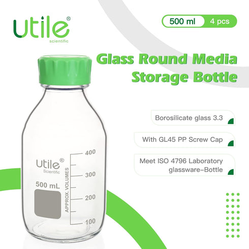 Media Bottle, 4 Pcs of 500ml Borosilicate Glass Bottles with GL45 Screw Caps for Lab Storage