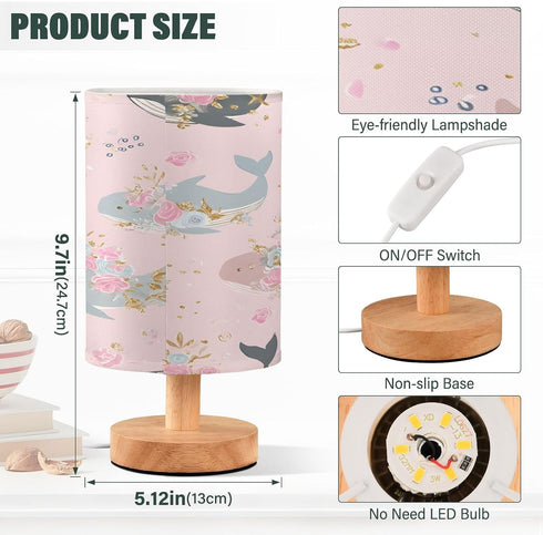 ALAZA Whale Kawaii Cute Rose Bedside Table Lamp with USB Port for Bedroom Nightstand Lamps Night Light Linen Fabric