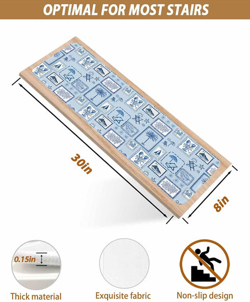 BOHOOSKYLAR Summer 4 8"x30" Coastal Vacation Stair Treads Blue White Coconut Trees Lobster Plaid Indoor Non Slip Peel