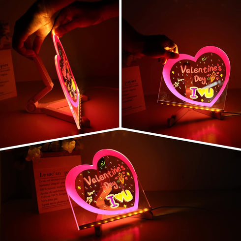 ENUOLI Acrylic Dry Erase Board with Light Pink Heart, LED Message Board with Stand for Desk, 7 Pens for Home & Wedding