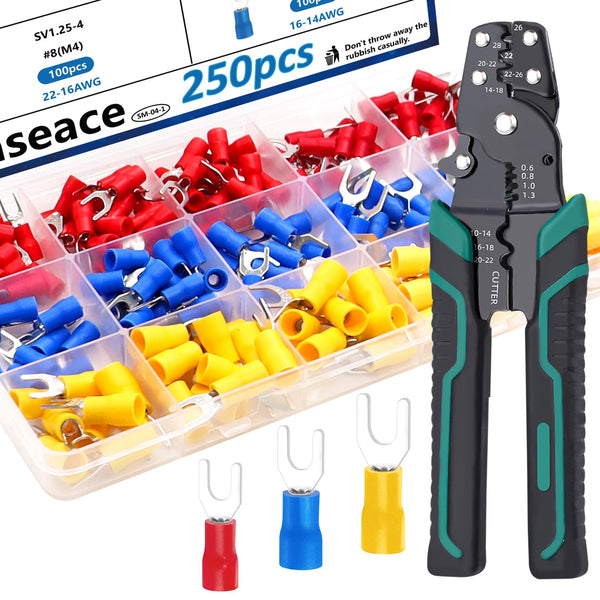 smseace 251pcs Crimping Tool with #8 Fork Spade Connectors, 22-10AWG Wire Fork Connectors, Multifunction