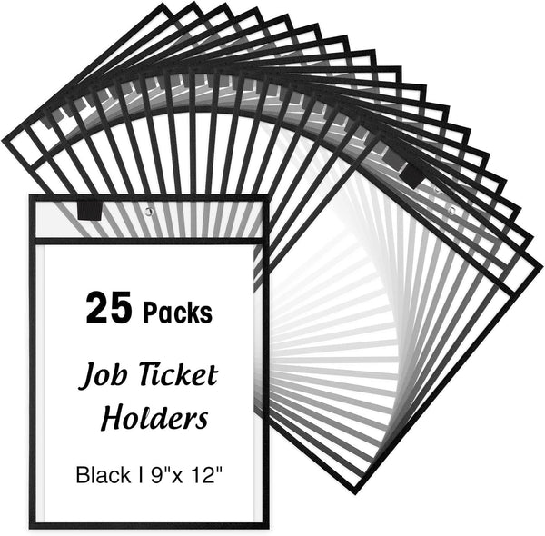 Cholemy 25 Pcs Job Ticket Holders, 9 x 12'' Dry Erase Document Holder, Reusable Clear Pocket Sleeves for Office