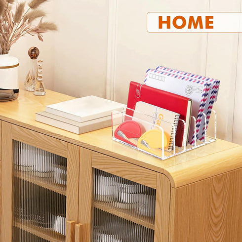 BEYGORM Acrylic Mail Holder, Clear Desk Organizer with Divider, Vertical Letter Sorter for Desktop, 5 Compartments