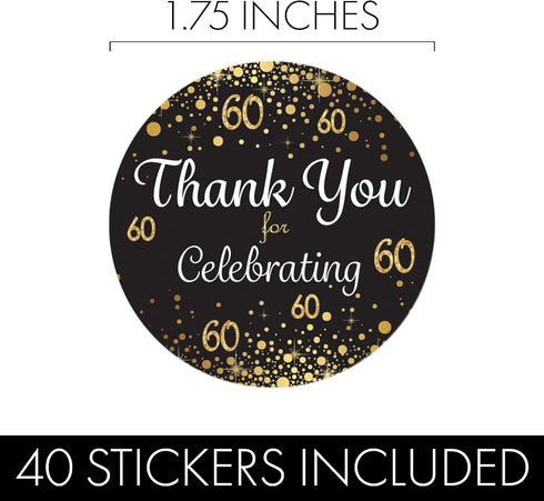 Black and Gold 60th Birthday Party Thank You Stickers, Set of 40 Stickers