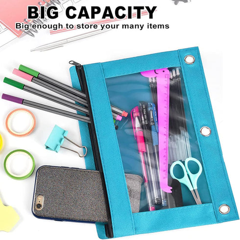 Pencil Pouch 3 Ring, Zipper Pencil Pouches Case Binder Cosmetic Bag, Black 2 Pack