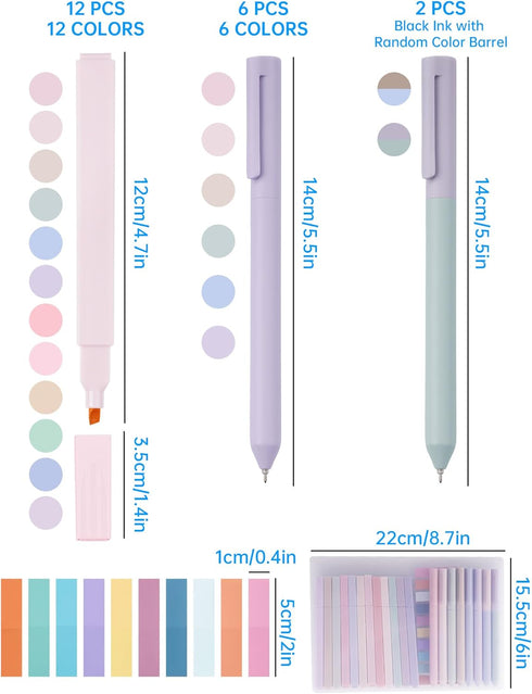 NiArt Morandi Colors Bible Note-Taking Kit, 12 Highlighters + 8 Gel Pens + 200 Sticky Notes in Clear Box