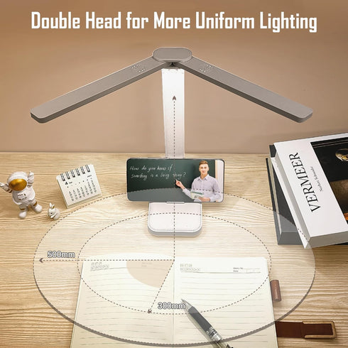 kvppvt LED Double Head Desk Lamp, Rechargeable Portable Table Lamp, Adjustable Light Color and Brightness, USB Powered