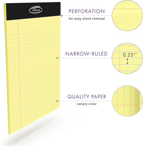 Yellow Legal Notepads 5x8, Pack of 6 - Perforated Narrow Ruled Writing Pad - Premium Thick Paper, No Ink Bleeding - Blank Legal Pads For Home, Office, School, Business - 50 Sheets Per Notebook by Alitte