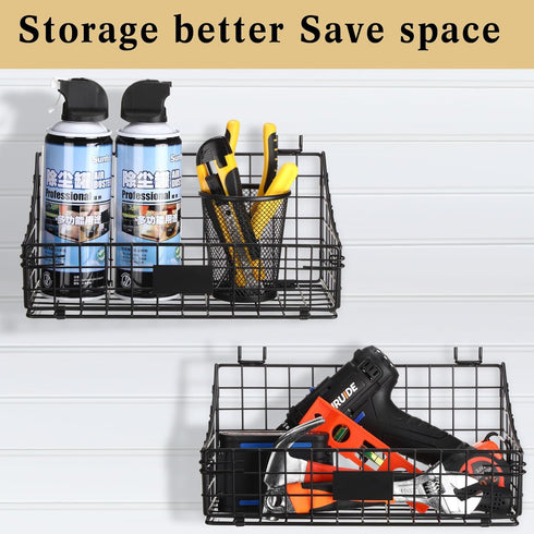 4 Pcs Slatwall Baskets with Hooks, Black Wire Hanging Basket Storage for Pantry Kitchen Garage