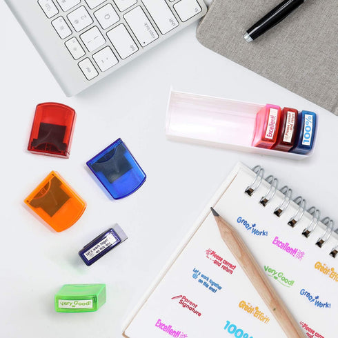 Reliancer Colorful Self-Inking Motivation School Grading Teacher Stamp Set with Tray (8-Piece)