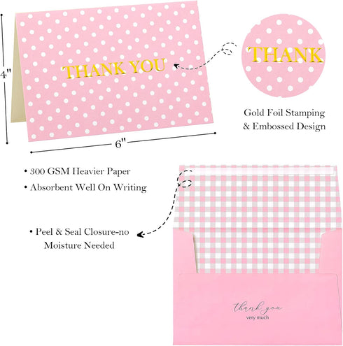 Envelopes,50 Pack Crisky Pink Thank You Cards with Lattice Polka Dot Thank You Cards Bulk for Baby Shower, Birthday