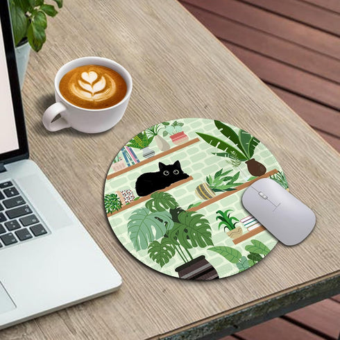 Cat Mouse Pad, Cute Small Round Travel Mousepad for Wireless Mouse - Plant Leave Mini Computer Mouse Mat