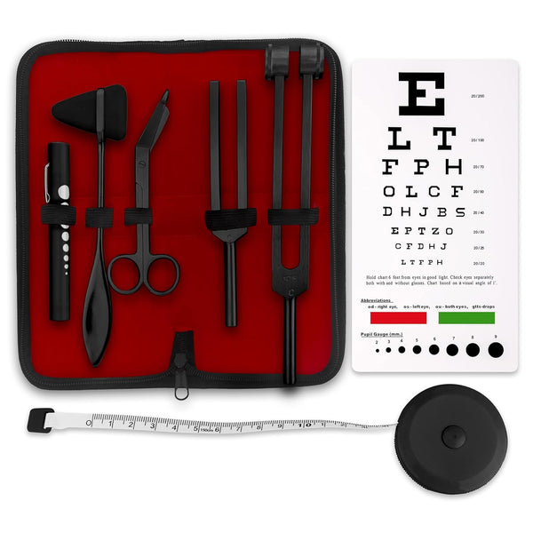 ASA TECHMED Premium 7 Piece Tactical Black Diagnostic Kit - Taylor Hammer, Measuring Tape, Tuning Forks, and More