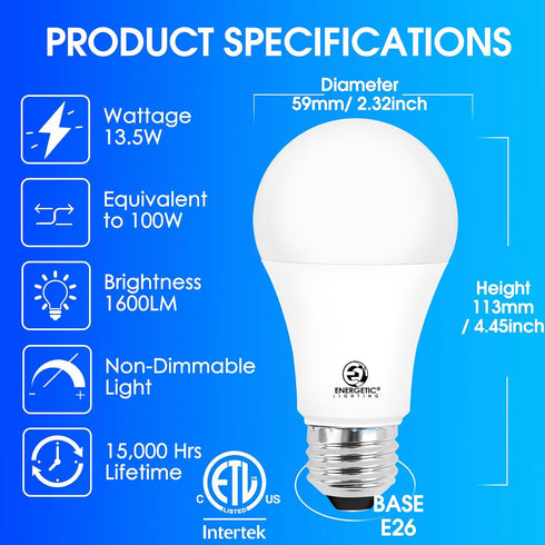 Bulbs 100 1600LM, 5000K, Non-Dimmable A19 Bulb, E26 6 Packs E ENERGETIC LIGHTING LED Watt Equivalent, Super Brightness
