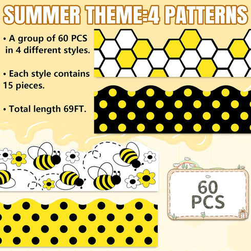 Whaline 69Ft Summer Bee Bulletin Board Borders, Self-Adhesive Honeycomb Dot Flower Trim for Summer Decoration