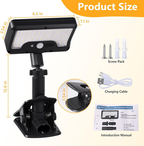 360Rotatable 92 (600 6000 IP65 Clip on Solar Lights Outdoor with Motion Sensor, & Vertically Adjustable Solar Fence