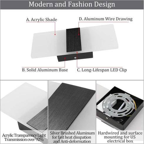 Dimmable 12W Lightess Modern Wall Sconce Sconce Wall Lighting Black Indoor Wall Lamp Acrylic Wall Mounted Lighting