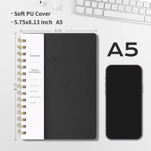 Spiral Notebook, 6.10" x 8.19", College Ruled Journal with Inner Pockets, PU Leather Cover, 160 Pages