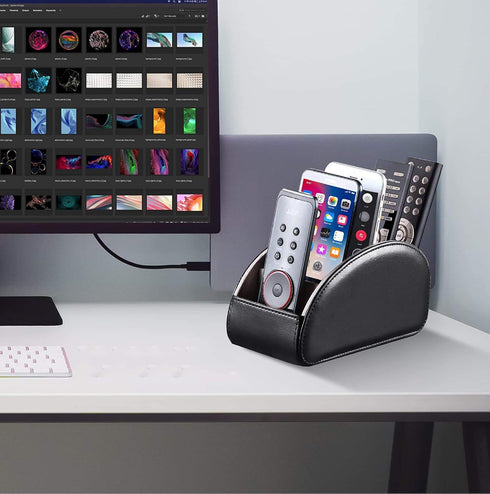 YAPISHI Large Leather TV Remote Control Holder Organizer, Black with 5 Compartments, Nightstand Desktop Media Storage