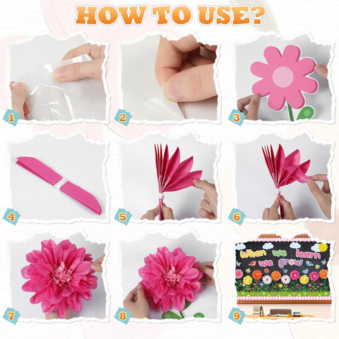 When We Learn We Grow 3D Paper Pom Poms Cutouts, Summer Flower Bulletin Board Decorations for School Home Decor
