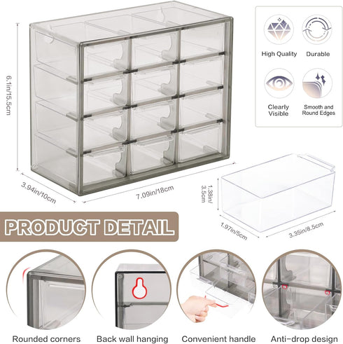 Desk Storage Organizer with 12 Mini Drawers - Clear Desktop Craft Drawer Cabinet for Makeup and Office Supplies