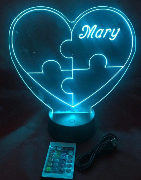 16 Puzzle Piece Autism Heart Night Light Up Lamp LED Stand Engraved Table Lamp Custom Engraved Room Decor Featuring